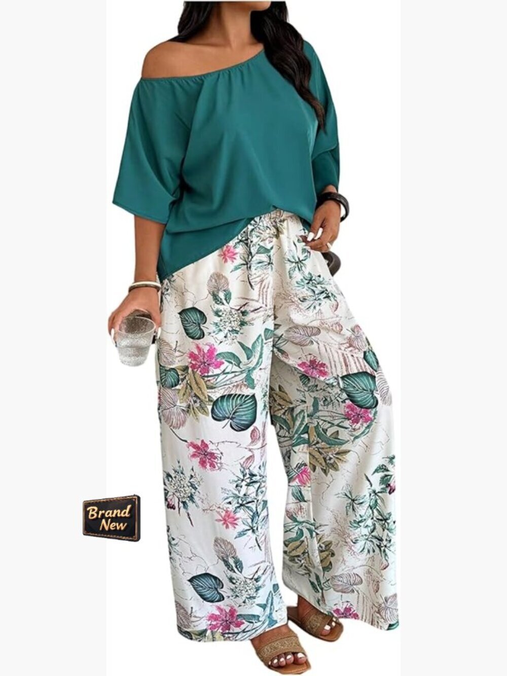 Plus Size 2 Piece Boho Print Pants Set Off Shoulder Top Vacation Matching Outfit